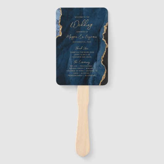 Navy Blue Gold Agate Script Wedding Programma Handwaaier (Voorkant)