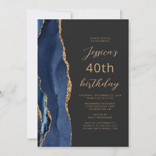Navy Blue Gold Agate Slate Script 40th Birthday Kaart (Voorkant)
