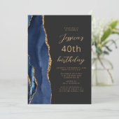 Navy Blue Gold Agate Slate Script 40th Birthday Kaart (Staand voorkant)
