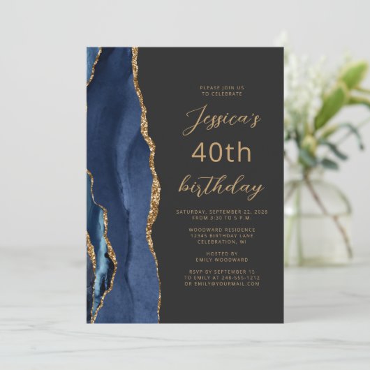 Navy Blue Gold Agate Slate Script 40th Birthday Kaart (Staand voorkant)