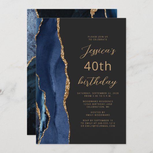 Navy Blue Gold Agate Slate Script 40th Birthday Kaart (Voorkant / Achterkant)