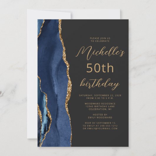 Navy Blue Gold Agate Slate Script 50th Birthday Kaart (Voorkant)