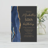 Navy Blue Gold Agate Slate Script 50th Birthday Kaart (Staand voorkant)