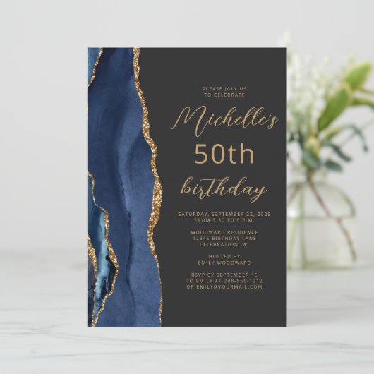 Navy Blue Gold Agate Slate Script 50th Birthday Kaart (Staand voorkant)