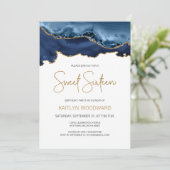 Navy Blue Gold Agate Sweet 16 Birthday Party Kaart (Staand voorkant)