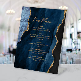 Navy Blue Gold Agate Wedding Bar Menu Reclamebord Met Voetstuk