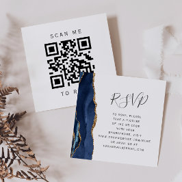 Navy Blue Gold Agate Wedding QR Code RSVP Informatiekaartje