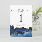 Navy Blue Gold Agate Wedding Table Number Kaarten (Staand voorkant)