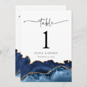 Navy Blue Gold Agate Wedding Table Number Kaarten (Voorkant / Achterkant)