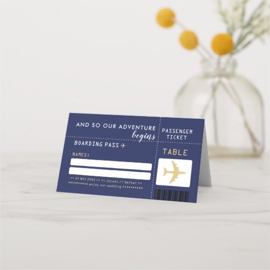 Navy Blue Gold Airline Ticket Gastenzitplaatsen Plaatskaartje (Voorkant)