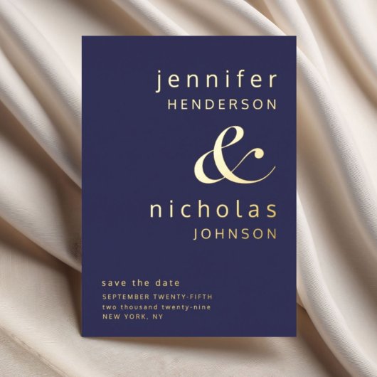 Navy Blue Gold Ampersand Wedding Save the Date Folie Uitnodiging