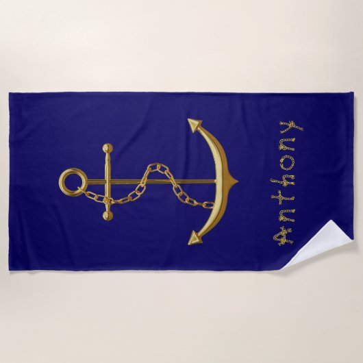Navy blue gold anchor name strandlaken (Voorkant)