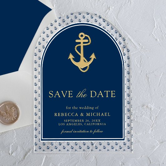 Navy Blue Gold Anchor Wedding Save the Date Acryl Uitnodigingen
