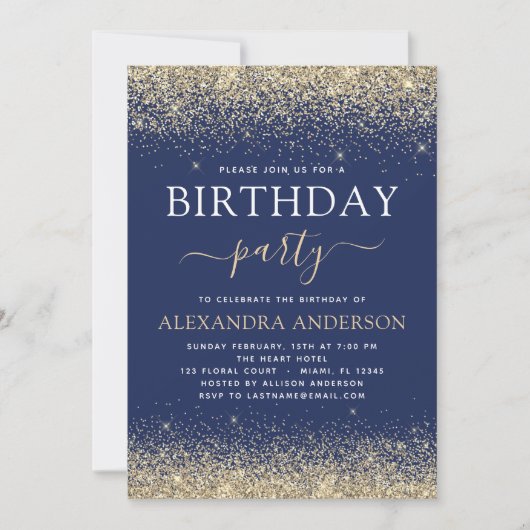 Navy Blue Gold Any Age Birthday Glitter Kaart (Voorkant)