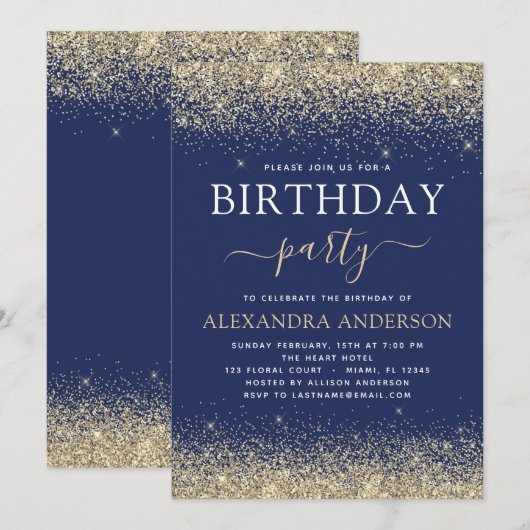 Navy Blue Gold Any Age Birthday Glitter Kaart (Voorkant / Achterkant)