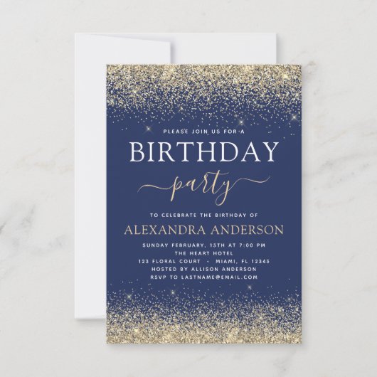Navy Blue Gold Any Age Birthday Glitter Kaart (Voorkant)