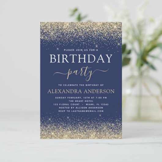 Navy Blue Gold Any Age Birthday Glitter Kaart (Staand voorkant)