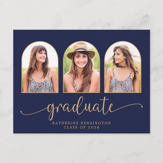 Navy Blue Gold Arch 3 Foto Afstuderen Aankondigingskaart (Voorkant)