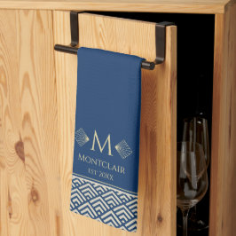 Navy Blue & Gold Art Deco Japanse Fan Gepersonalis Theedoek