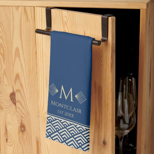 Navy Blue & Gold Art Deco Japanse Fan Gepersonalis Theedoek (Derde Gevouwen)