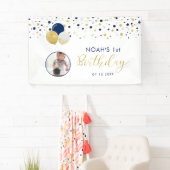 Navy Blue & Gold Balloon, eerste geboortedag foto- Spandoek (Insitu)