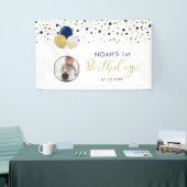 Navy Blue & Gold Balloon, eerste geboortedag foto- Spandoek (Beurs)