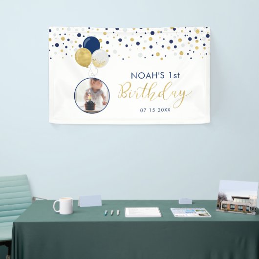 Navy Blue & Gold Balloon, eerste geboortedag foto- Spandoek (Beurs)
