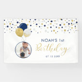 Navy Blue & Gold Balloon, eerste geboortedag foto- Spandoek (Horizontaal)