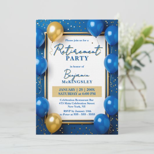 Navy Blue Gold Balloons Confetti Retirement Party Kaart (Staand voorkant)