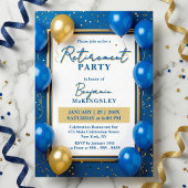 Navy Blue Gold Balloons Confetti Retirement Party Kaart