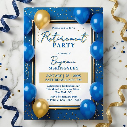 Navy Blue Gold Balloons Confetti Retirement Party Kaart
