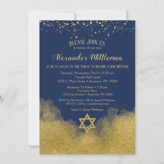 Navy Blue Gold Bar Mitzvah - uitnodiging (Voorkant)