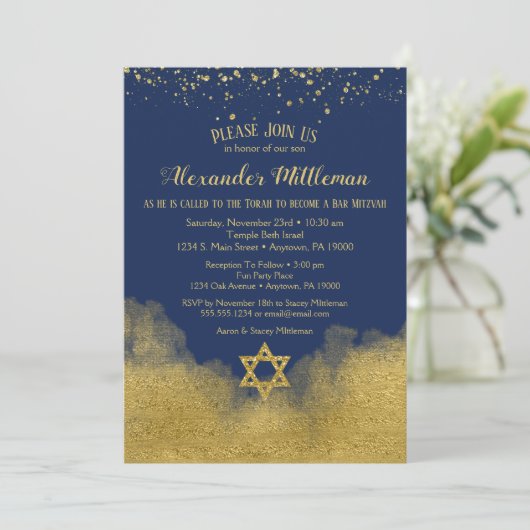 Navy Blue Gold Bar Mitzvah - uitnodiging (Staand voorkant)