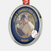 Navy Blue Gold Baseball Player Photo Christmas Metalen Ornament (Links)
