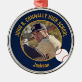 Navy Blue Gold Baseball Player Photo Christmas Metalen Ornament (Voorkant)
