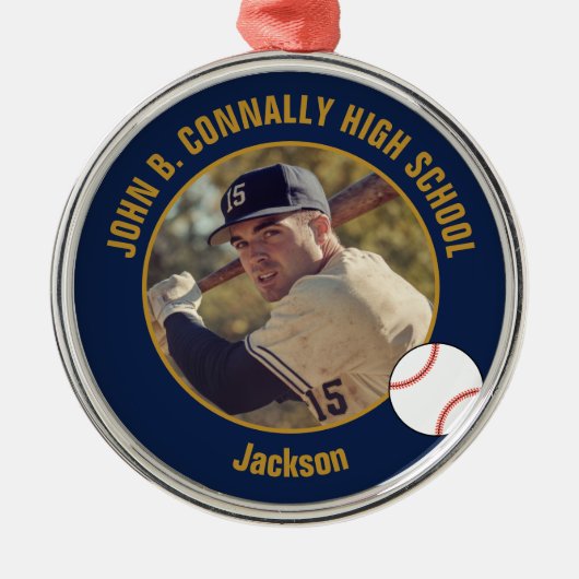Navy Blue Gold Baseball Player Photo Christmas Metalen Ornament (Voorkant)