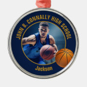 Navy Blue Gold Basketball Player Photo Christmas Metalen Ornament (Voorkant)