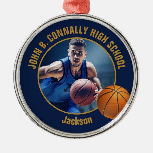Navy Blue Gold Basketball Player Photo Christmas Metalen Ornament (Voorkant)