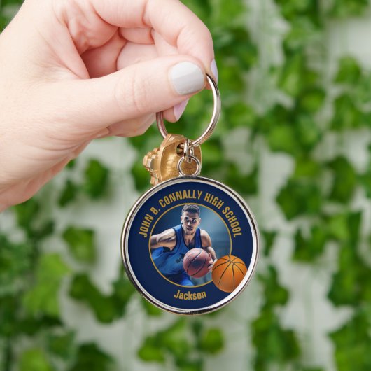 Navy Blue Gold Basketball Player Photo Sleutelhanger (Hand)