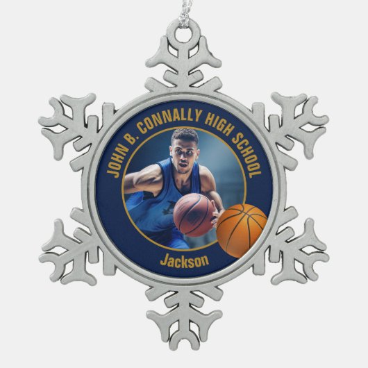 Navy Blue Gold Basketball Player Photo Tin Sneeuwvlok Ornament (Voorkant)
