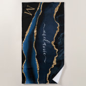 Navy Blue Gold Beach Handdoek met aangepaste naam (Voorkant)