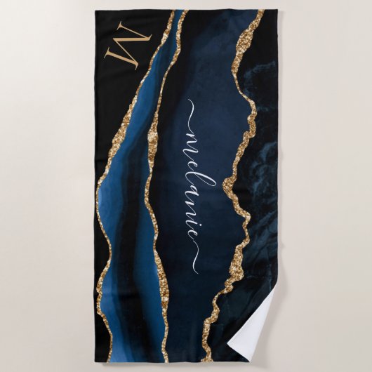 Navy Blue Gold Beach Handdoek met aangepaste naam  (Voorkant)