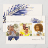 Navy Blue & Gold Beach Tropical Greenery 3-foto Feestdagenkaart (Voorkant / Achterkant)