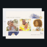 Navy Blue & Gold Beach Tropical Greenery 3-foto Feestdagenkaart<br><div class="desc">De Nautical Boutique Co.'s navy blue and gold tropical holiday card beschikt over waterverf paarse / blauw en goud tropisch groen en is geaccentueerd met een waterverf zeeschelp en bijpassende ivoor waterverf zeesterren. De vakantiegroet, uw familienaam en het jaar (achterkant) zijn moderne bloktypografie. Het sierlijke blauw, goud en romig ivoor...</div>