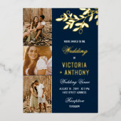 Navy Blue Gold Berry Twig 3 Foto's Wedding Folie Uitnodiging (Voorkant)