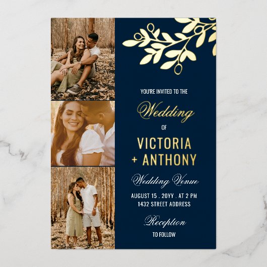 Navy Blue Gold Berry Twig 3 Foto's Wedding Folie Uitnodiging (Voorkant)