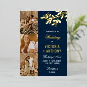 Navy Blue Gold Berry Twig 3 Foto's Wedding Folie Uitnodiging (Staand Voorkant)