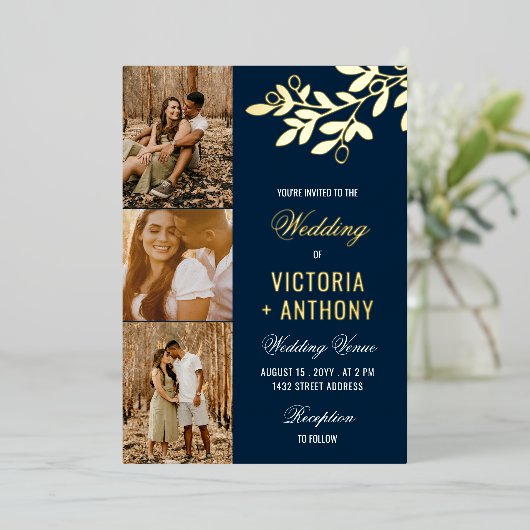 Navy Blue Gold Berry Twig 3 Foto's Wedding Folie Uitnodiging (Staand Voorkant)