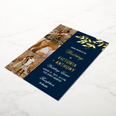 Navy Blue Gold Berry Twig 3 Foto's Wedding Folie Uitnodiging (Gedraaid)