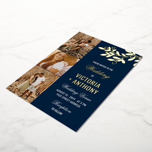 Navy Blue Gold Berry Twig 3 Foto's Wedding Folie Uitnodiging (Gedraaid)